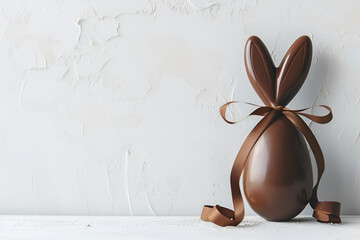 Chocolate Easter egg with bunny ears and brown ribbon. Front view with copy space. Ai generated