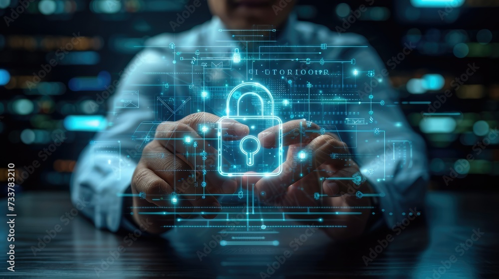 Leinwandbilder Businessman using tablet computer with digital padlock on internet technology networking and data management, Cyber security network, Data protection concept. Generative AI.