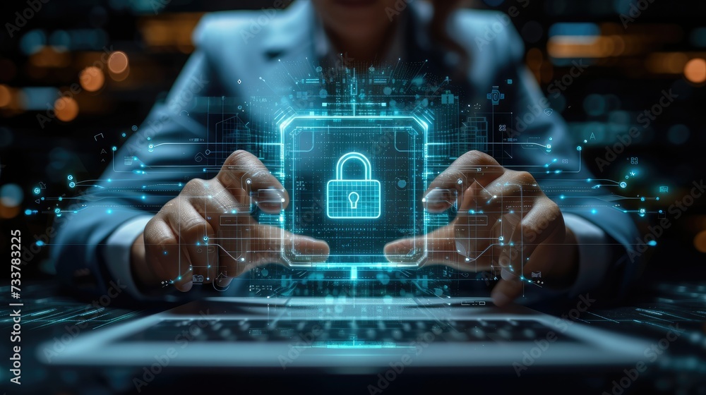 Leinwandbilder Businessman using tablet computer with digital padlock on internet technology networking and data management, Cyber security network, Data protection concept. Generative AI.