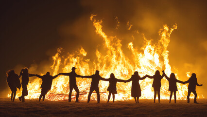 Silhouettes of group of people dancing around burning bonfire on holiday at night. Lighting fire...