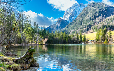 Lake Hintersee in Germany, Bavaria, Ramsau National Park in the Alps. Beautiful winter landscape.