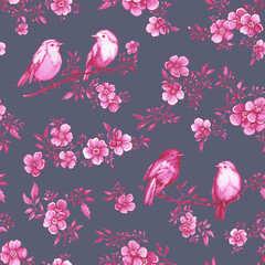 Seamless pattern in Toile de Jouy fabric style with pink flowers cherry tree. Hand drawn watercolor painting illustration isolated on gray background