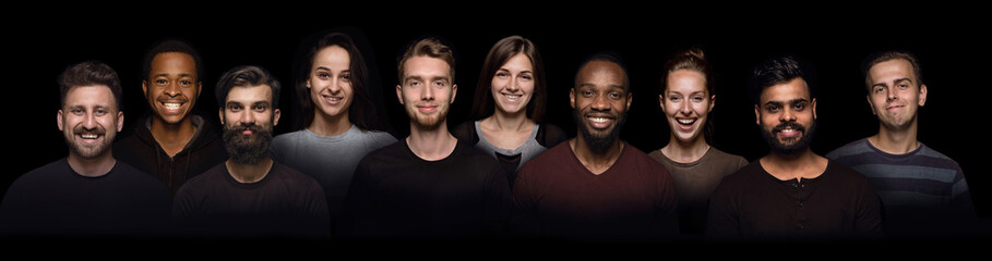 Collage made of close-up portraits of smiling young people of different age, gender and nationality, looking at camera against black background. Concept of human emotions, diversity