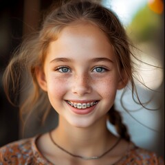 portrait of a smiling girl with braces - obrazy, fototapety, plakaty