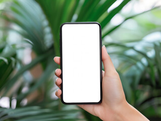 Hand Holding Smartphone with Blank Screen Display, Close-up of a female hand presenting a smartphone with a blank white screen, suitable for mock-up designs
