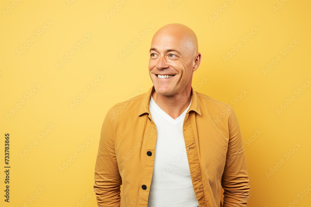 Wall mural smiling middle aged man in yellow shirt looking up over yellow background