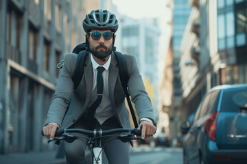 Businessman in a business suit riding a bike in the city