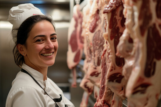 Butcher girl and meat