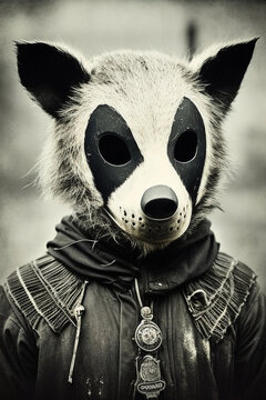 creepy man in badger mask in a disturbing horror photograph