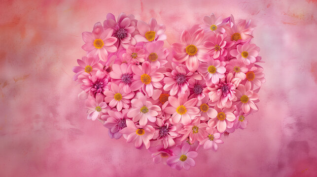 heart made of pink flowers on a pink background 