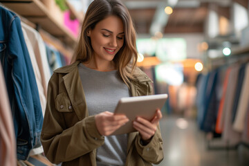 a girl with a tablet in a clothing store