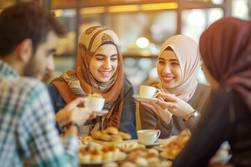 Group of Muslims enjoys traditional Ramadan dishes in restaurant. Friends break fasting together to share nourishment and spiritual fulfilment - obrazy, fototapety, plakaty