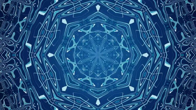 kaleidoscopic animation with intricate designs and glowing outlines, blue and white color, seamless loop, 4k animation
