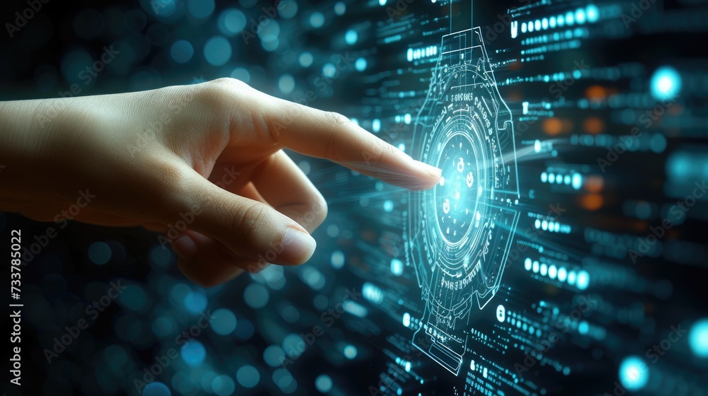 Poster a hand pointing to digital icon that symbolizes security, data protection cyber security privacy bus