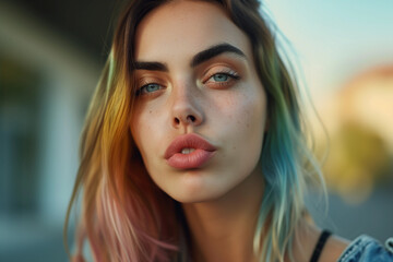 Fototapeta premium Close Up Face of a Young Beautiful Woman Looking at Camera. Suitable for websites, blogs or publications related to women's lifestyle, beauty or fashion.