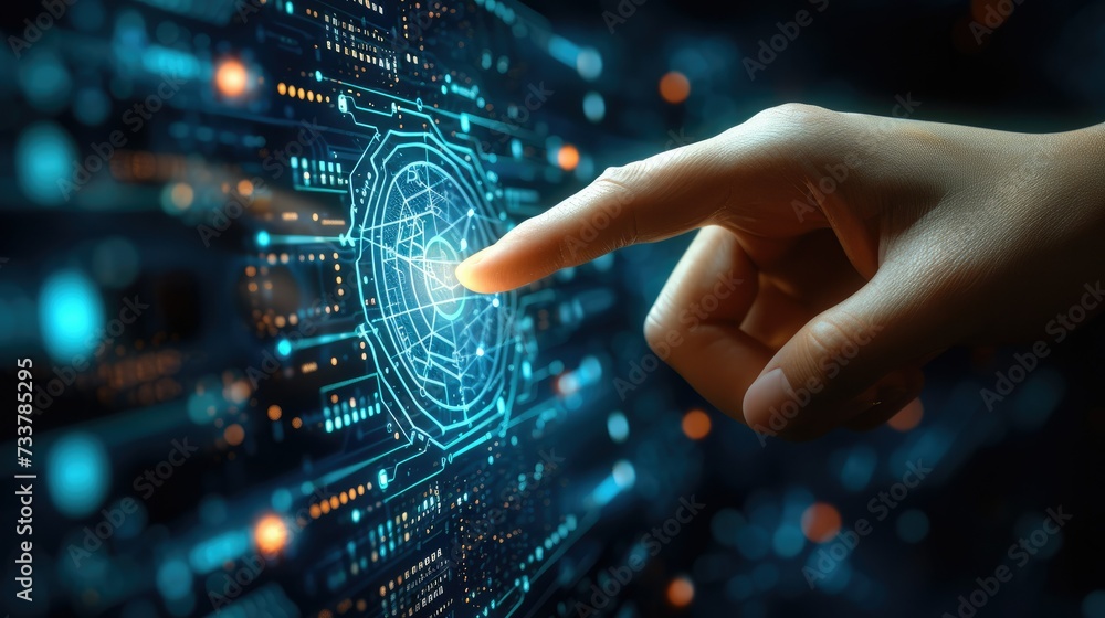 Fototapete A hand pointing to digital icon that symbolizes security, Data protection Cyber Security Privacy Business Internet Technology Concept. Generative AI.