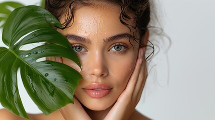 Close up face of beautiful young woman covering part of her face by green leaf while looking at camera. Portrait of beauty woman without makeup standing behind green fresh leaves with water drops - obrazy, fototapety, plakaty
