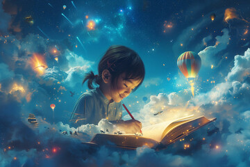 A girl with a book in the land of dreams