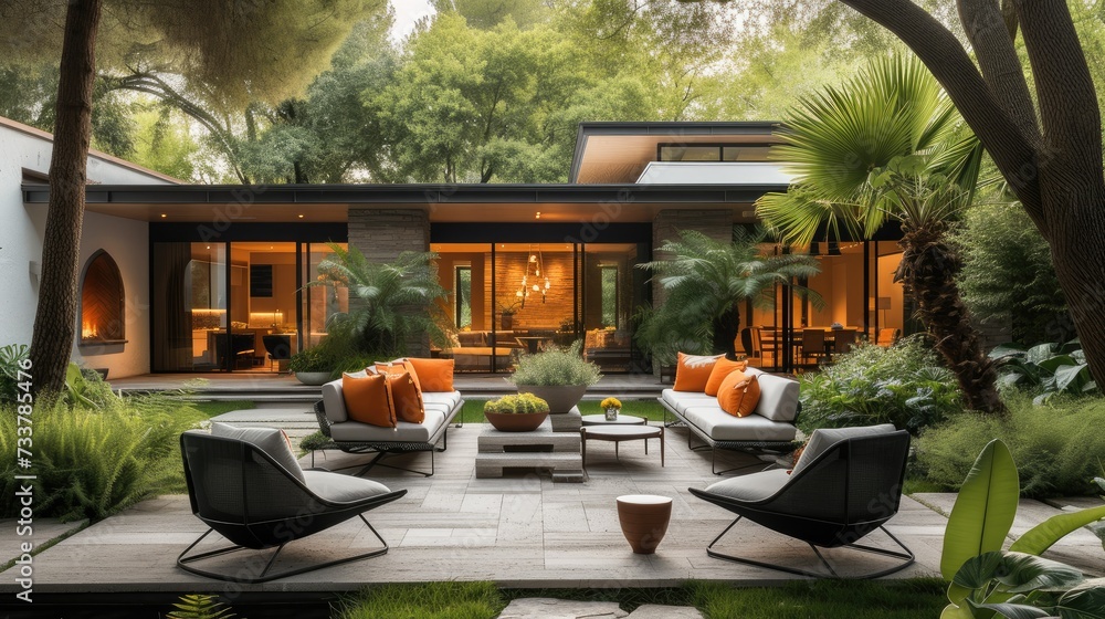 Poster a large backyard with a modern twist with modern furniture. generative ai.