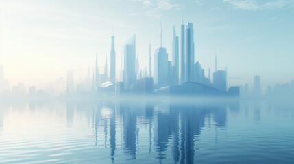 水に浮かぶ都市が水面に反射している　未来都市のイメージ - obrazy, fototapety, plakaty