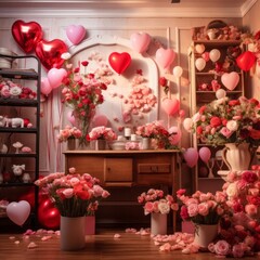 a room filled with flowers and a heart made of flowers , generated by AI