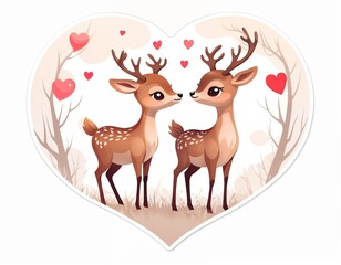 two deer with little hearts around them. They are facing each other, and there is a heart-shaped wreath