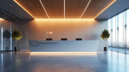 A reception desk in a corporate office, empty wall behind desk, sleek design. Generative AI.