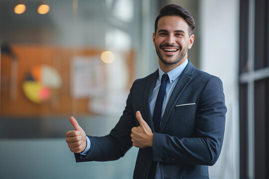 young businessman in suit and tie showing both thumbs up