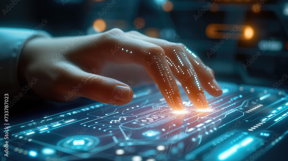 Poster close-up of a human hand interacting with a holographic screen in a brightly lit office. generative 