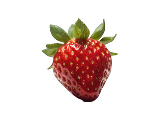 Isolated ripe strawberry on a white background, showcasing its fresh and juicy red fruit, surrounded by green leaves, making it a tasty and healthy dessert option for a refreshing summer treat