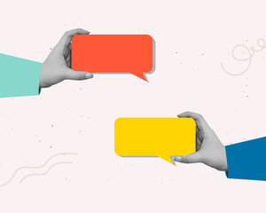Hands holds a speech bubbles with a copy space in a modern collage style. Dialogue concept