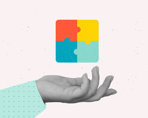 A hand with a colorful puzzle in a modern collage style