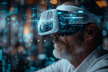 Mature businessman using VR goggles