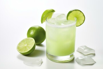 A refreshing drink with tangy citrus flavors and garnished with lime, served on a clean white surface. Generative AI