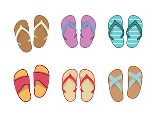 Vector summer slippers set, flat design. Vietnamese flip flops on white background. Vietnamese slates shoes for beach. Flip flops summer shoes illustration, view from above.