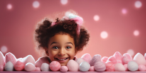 Fototapeta na wymiar Cute smiling girl and Easter eggs with empty space for text over pastel background.
