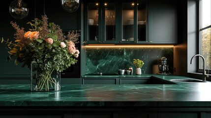 A luxury all black kitchen with deep matte green emerald kitchen countertop with Bouquet of flowers on the counter. Generative AI.