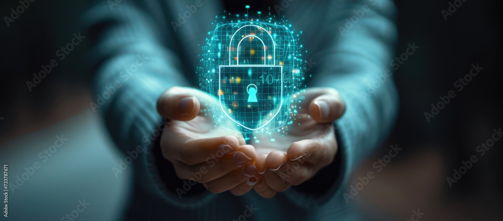 Leinwandbilder digital person holding hand with a lock on the symbol to indicate security, in the style of shaped c
