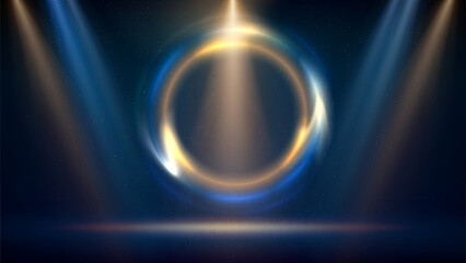 Golden, blue spotlight backdrop. Stage with golden blue circular lighting background. Shining light ring. Glowing gold circle. Stage backdrop. Background displaying products. Place for text. Vector
