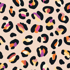 Leo seamless pattern. Random placed, abstract multi colored shapes, wildcat skin imitate. Animal skin all over surface print for fabric, paper, package. Leopard vector background. Modern wallpaper
