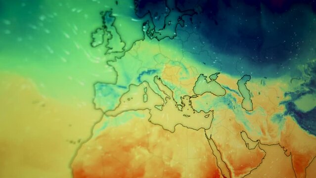 Wind temperatures weather over Europe Asia China Japan. Moving camera shot of a computer screen. Satellite view map. Precipitations, temperatures, air pressure. Meteorology live countries continents.