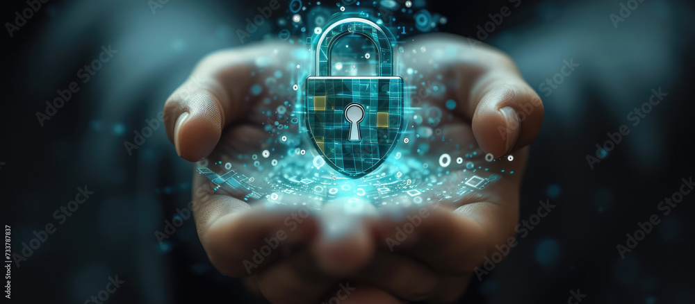 Poster digital person holding hand with a lock on the symbol to indicate security, in the style of shaped c