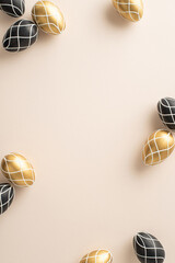 Easter piety occasion concept. Top-view vertical image of regal black and gold eggs, orderly...