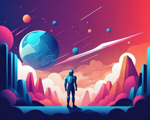 Fototapeta na wymiar Retro Futuristic Astronaut on Strange Colorful Planet Wall Art