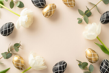 Elegant Easter setup: top view of premium black and gold eggs, fresh eucalyptus leaves, tulip blossoms, on a light beige background, designed with space for text