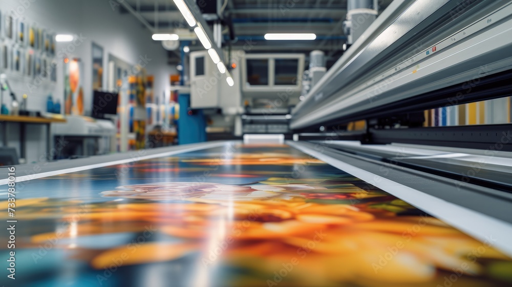 Poster Artwork being printed on large canvas, print machine in background inside clean modern area. Generative AI.