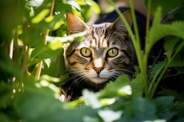 A lively and inquisitive feline discovering a lush backyard. Generative AI