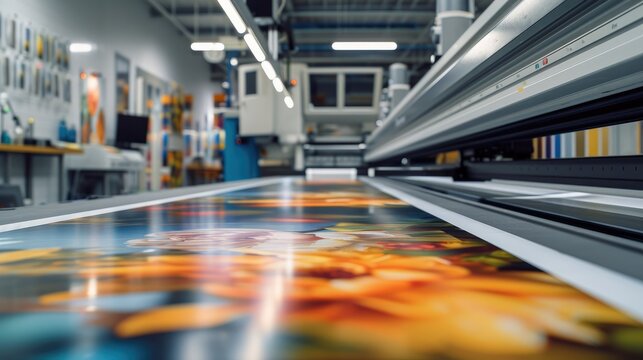Artwork being printed on large canvas, print machine in background inside clean modern area. Generative AI.