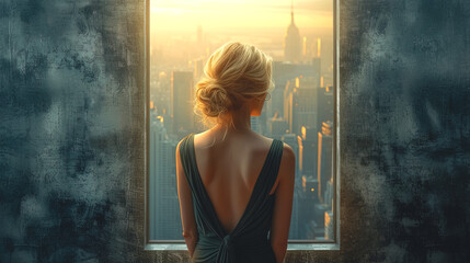 A young woman stands at the window and looks at the city, view from the back.