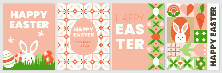 The set of Happy Easter geometric abstract posters, greeting cards, banners, holiday covers. The trendy vector design with bunny, Easter egg, flowers, simple forms, text. Neo geo art.